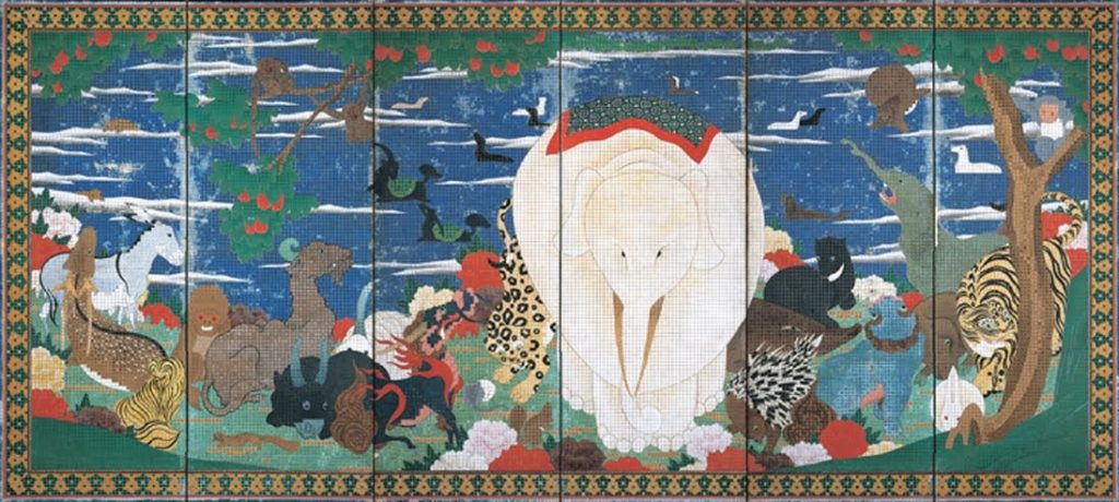 Birds, Animals, and Flowering Plants in Imaginary Scene. Itō Jakuchū (1716-1800) Edo Period, 18th century Pair of six-panel folding screens, ink and colors on paper